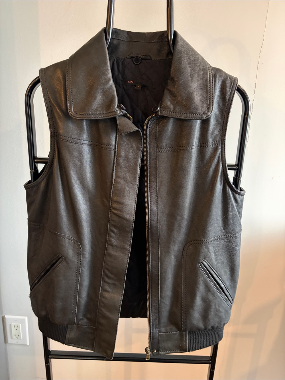 Maje Black Leather Sleeveless Zip-Up Vest